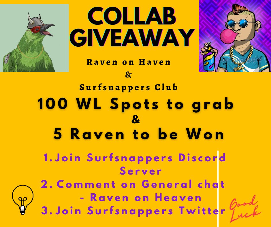 <a href="/surfsnappers/">Surfsnappers Club - SNC - Surfsnappers.eth</a>  

We are collabing with Surfsnappers Club! - private Sale 07.5.22 

Rules:
1. Join the discord.
2.Enter your Wallet in #WL wallet channel
3.Say Raven on the Haven in the general chat !! (most important) 

#NFTCommmunity #nftcollab #NFTGiveaway