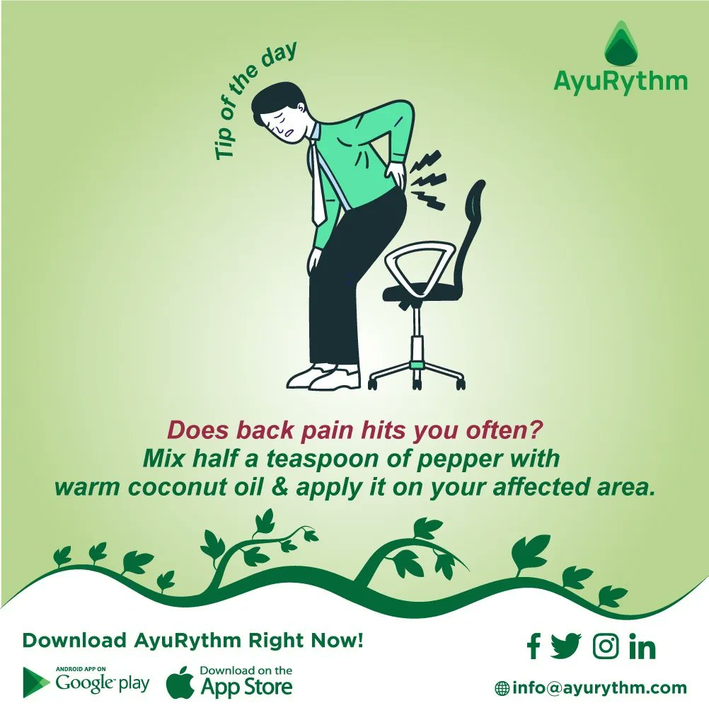 To all the mates who are carrying back pain since long time. Download AyuRythm for more such tips.

#backpain #backpainrelief #painrelief #jointpain #health #lowbackpain #pain #spinemobility #lowerbackpain #neckache #headache #yoga #wellness #ipl #todaysmatch #iplmatch #dcvskkr