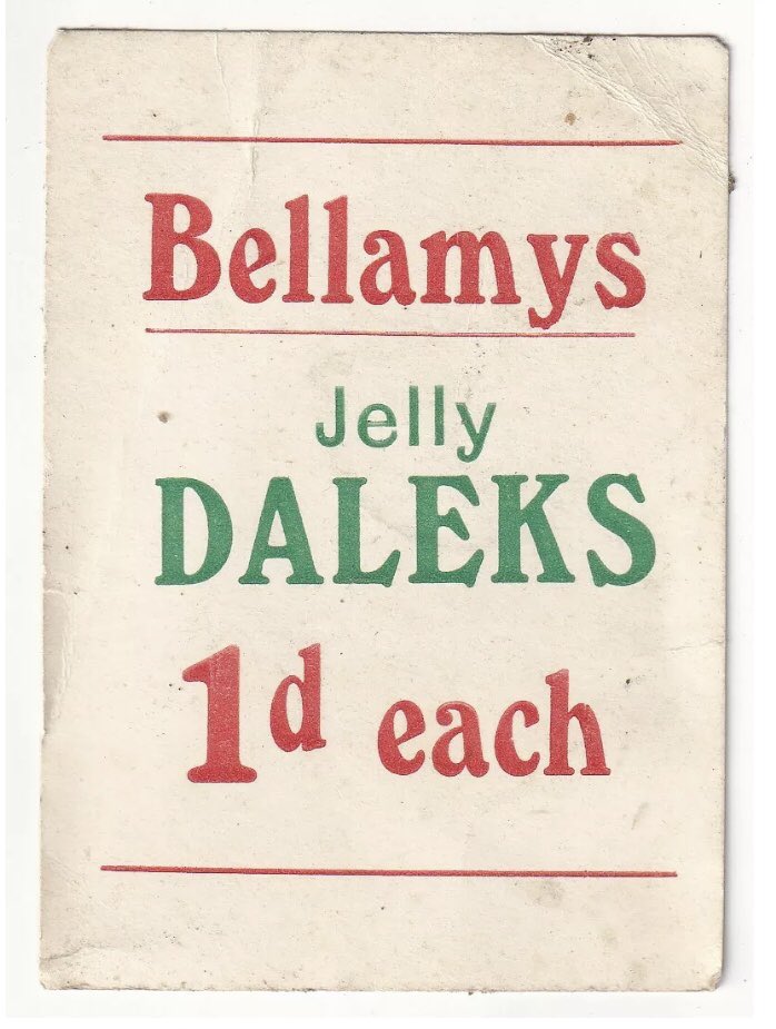 A new addition to thespacemuseum.net collection. I believe this sweet shop price sign from 1965 is the first piece of material related to Bellamys Jelly Daleks to be discovered. #DoctorWho