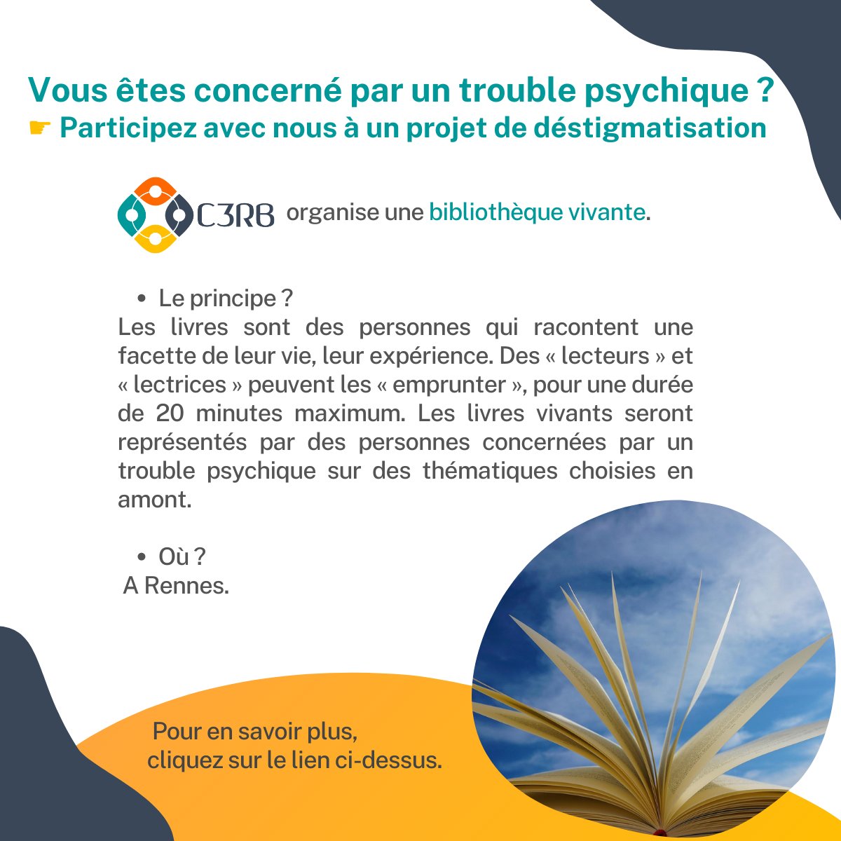 C3RB2's tweet photo. 📢 #Déstigmatisation - Appel à volontaires concernés par des troubles psychiques pour co-construire une #bibliothèquevivante à Rennes

👉Plus d'infos : https://t.co/cp5LwkxIEC https://t.co/VUjpdc2ME9