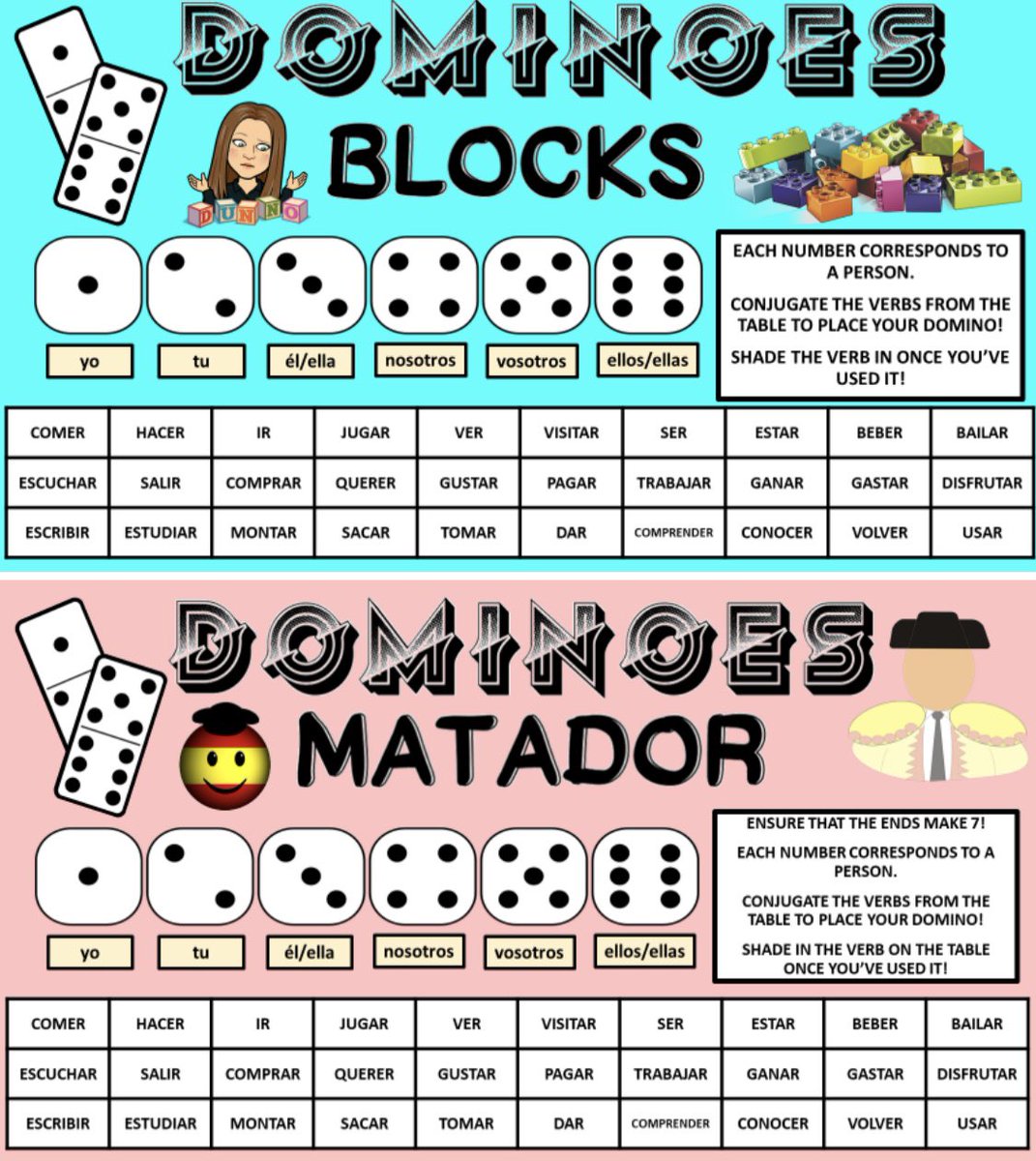 MrsSimpsonMFL's tweet photo. New game template today! Using dominoes games: Blocks and Matador to help practise GCSE Spanish grammar tenses. Teacher decides on the tense! A different way to conjugate and revise tenses! #mfltwitterati 🇪🇸👍🏼 https://t.co/9fhKeB5jwc