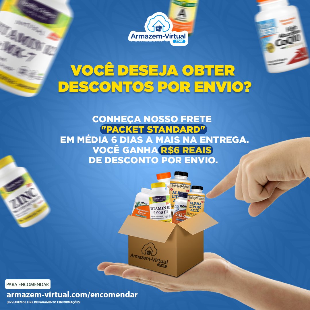 armazem_virtual's tweet photo. Quer ganhar RS6,00 de desconto por envio? Conheça nosso frete "packet standard" que leva em média 6 dias a mais na entrega.

Se você não tem tanta urgência para receber sua vitamina, e ainda quer ganhar um desconto no envio, chama a gente.😍
https://t.co/9y8cg7yzS5 https://t.co/RcNCFnlTCj