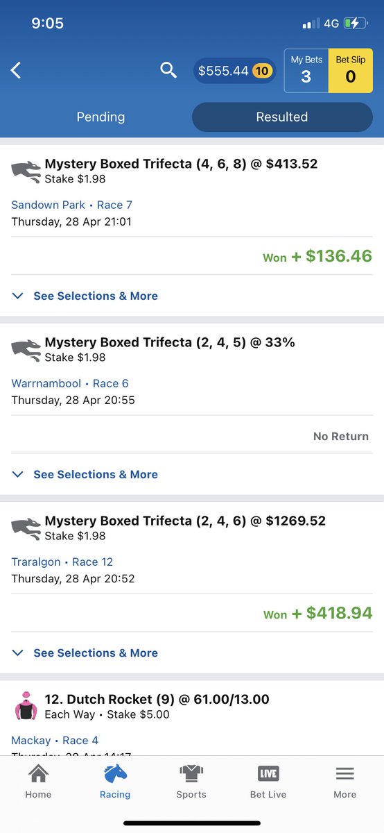 vDivinee's tweet photo. When I’m bored I love chucking mystery trifectas on for a bit of entertainment $555 off $10 not behd https://t.co/to7W14UN21