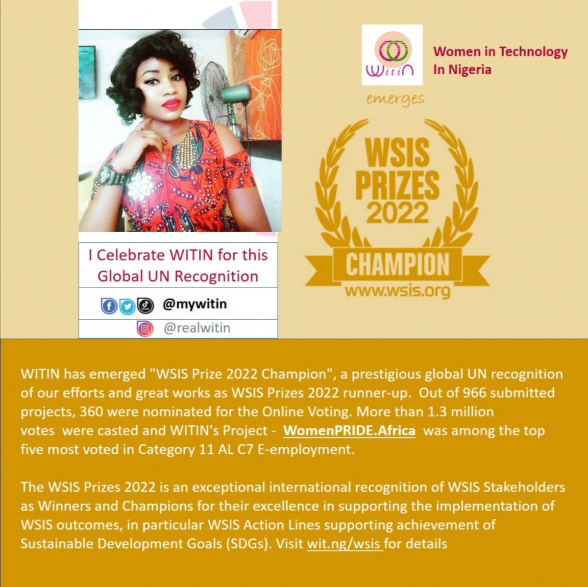 sharzzofficial's tweet photo. #Congratulations to @mywitin on her global recognition by the #UnitedNations' World Summit on Information Society (WSIS) Prize of 2022
🎉🎉🎉👌
 https://t.co/QVKY6gyAbb 
#Champion #WITIN #womenintech 
#WomenPRIDEdotAFRICA https://t.co/plV8ybIYvF https://t.co/2WGprkQXqf