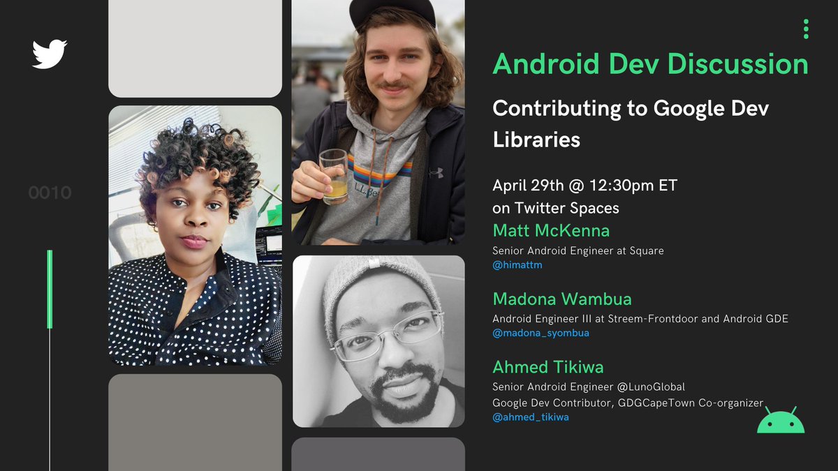 madona_wambua's tweet photo. Join us tomorrow for another amazing Android Dev Hang space with guest 

@ahmed_tikiwa Ahmed  joined the Google Dev Library Team as a contributor for his project Upnext: TV Series.

Come learn from him. 
Set reminder👇🏽
https://t.co/ncEk0nLHHc #AndroidDev https://t.co/lI8yRSp8kk