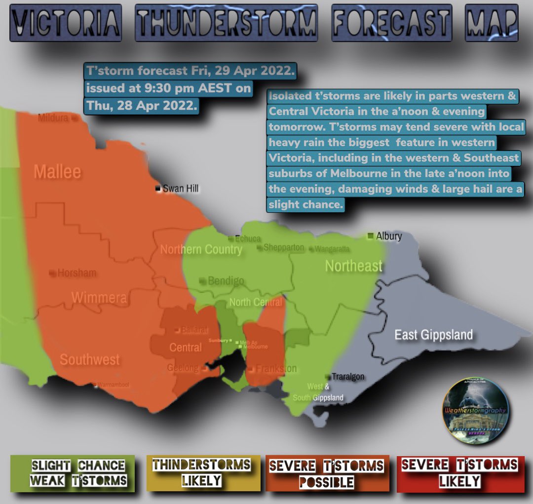 Johnted_113's tweet image. My Victoria thunderstorm forecast for tomorrow:⛈
Isolated thunderstorms is likely with a trough ahead of a cold front with a rain band.
.
@VicStormChasers @PaulYole @JakeSmethurst3 @Hailmo @_KaylahDR #Vicweather #Vicstorms #melbourneweather #melbweather #Victoria #Melbourne