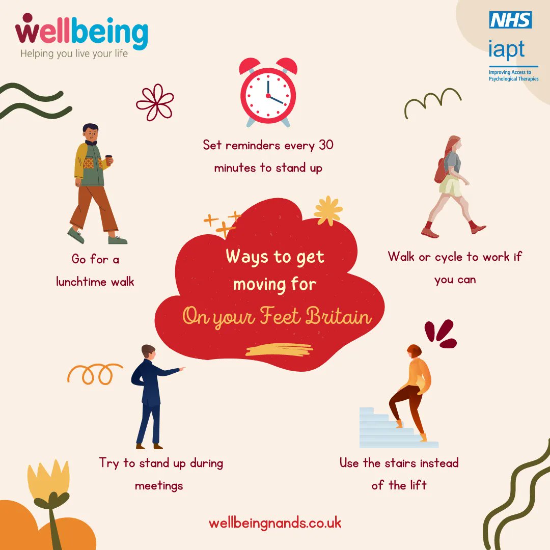 Wellbeing_Suff's tweet image. Today is the #OnYourFeetBritain awareness day to encourage people to #SitLess and #MoveMore

There are some simple ways that we can all spend less time sitting &amp;amp; more time moving. Not only does moving more benefit your physical health, it also benefits your mental health.