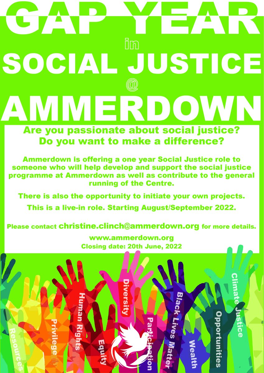 Are you passionate about social justice?
Do you want to make a difference?

Ammerdown is offering a one year Social Justice role to
someone who will help develop and support the social justice programme at Ammerdown as well as contribute to the general running of the Centre.
🌱🕊