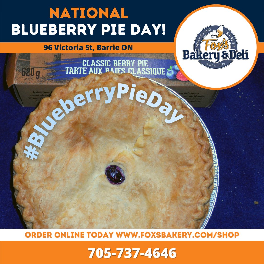 FoxsBakeryDeli's tweet photo. Did you know? Today is known as #BlueberryPieDay!

If you LOVE #blueberrypie, we make ours fresh daily. 
Enjoy a slice with some @kawarthadairy ice cream that we always have in-stock on our freezers. 

Pop in today, or order yours online: https://t.co/DTZHYnhGkz 

#blueberries https://t.co/30wnduKVwL