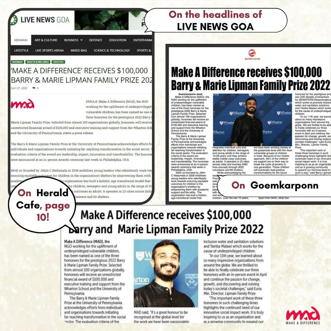 makeadiff's tweet photo. What a moment of pride it is for us❤️
MAD making headlines and reaching corners of India. It's truly been MAD 15 years 
#makeadifference #notforprofit #foracause #recognitionawards https://t.co/PIEcyGmNgM