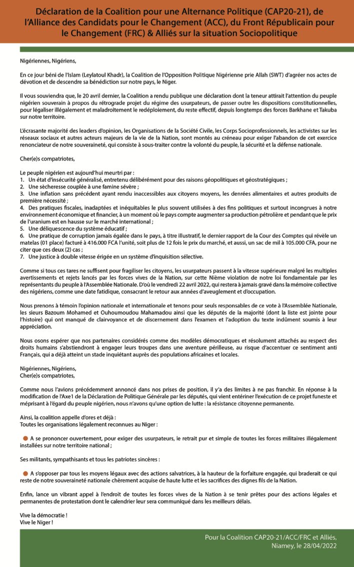 RDRTchanji's tweet photo. Déclaration du 28/04/2022 de la Coalition pour une Alternance Politique (CAP20-21), de l'Alliance des Candidats pour le Changement (ACC), du Front Républicain pour le Changement (FRC) et alliés sur la situation sociopolitique #Niger #Mobilisation https://t.co/O0YGRrlhH5