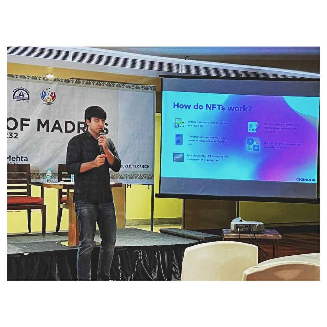 Our Co-founder .<a href="/YashRathod_75/">Yash Rathod</a> spoke about NFTs and the blockchain .<a href="/rotary_madras/">Rotary Club Madras</a> 

You probably can’t recognise him without the beard but his movie .<a href="/KGFTheFilm/">K.G.F</a> did really well. 

#NFT #KGF2 #yash #Blockchain 
#nftnews