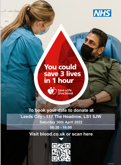 *Please STOP scrolling*
Urgent Blood Donor Appeal this weekend at Leeds City Donor Centre. Saturday 30th April | 08:20 – 16:00 | 117 The Headrow, LS1 5JW
Book now: visit blood.co.uk or scan the QR code

#GiveBlood #nhsblooddonation #urgentappeal  #letsavelivestogether