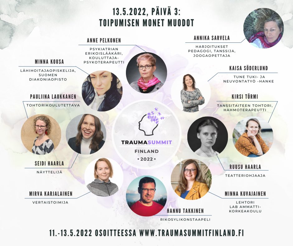 kati_sarvela's tweet photo. Tässä vielä kaikkien kolmen #traumasummitsuomi päivien alustajat ja haastateltavat.  Meillä on hieno kattaus! Muista ilmoittautua:  https://t.co/39C3f66cP7. #traumainformoitu #trauma #resilienssi https://t.co/Z7zCwqeKTs
