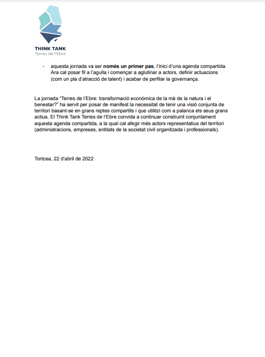 Conclusions de la jornada “Terres de l’Ebre: transformació econòmica de la mà de la natura i el benestar?”. Prop d'un centenar de participants del món empresarial, les administracions, el sector educatiu i la societat civil. cutt.ly/sGmFkfF