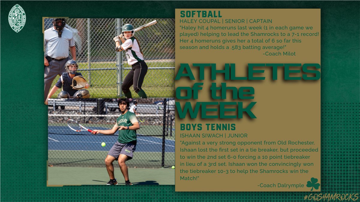 FeehanAthletics's tweet image. Congratulations to Haley Coupal and Ishaan Siwach on being named the Athletes of the Week for Week 3! Both had great performances that propelled their teams to victories! #GoShamrocks @Feehan_Softball @feehan_tennis