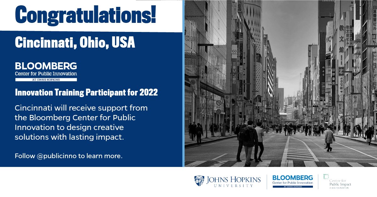Big News: <a href="/CityOfCincy/">City of Cincinnati</a> has been selected for Innovation Training from @PublicInno &amp; <a href="/CPI_foundation/">Centre for Public Impact (CPI)</a>! Our staff will receive coaching and support to bring cutting-edge innovation and design techniques into city hall and solve problems for our residents. publicinnovation.jhu.edu/2022-innovatio…