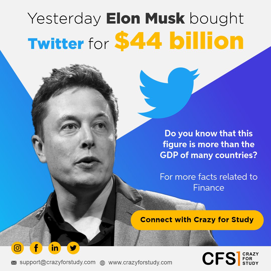 CrazyForStudy1's tweet photo. Yesterday Elon Musk bought Twitter for $ 44 billion, which is more than the GDP of many countries. This can be a case #study for #financestudents. #CrazyforStudy is here to explain all the financial details. Connect with our #PhDExperts now! https://t.co/v5dcAVoE3j