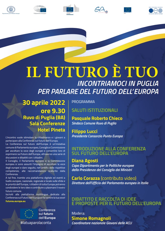 ‼️ "Il futuro è tuo - Incontriamoci in Puglia per parlare del futuro dell'Europa" 
🗓️#30aprile⏲️9:30 
🔎 L'evento vuole stimolare la cittadinanza e i giovani a partecipare alla Conferenza sul futuro dell'Europa.
Per info👉bit.ly/3KoeKD5
#latuaparolaconta <a href="/EuropeDirectPug/">EuropeDirectPuglia</a>