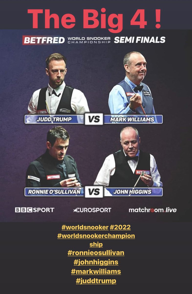 hungkitalex's tweet photo. The Big 4 &amp; The Best 4 ! #worldsnooker #WorldSnookerChampionship2022 @ronnieo147 @REALjohnhiggins @markwil147 @judd147t https://t.co/PUs5HngrnW
