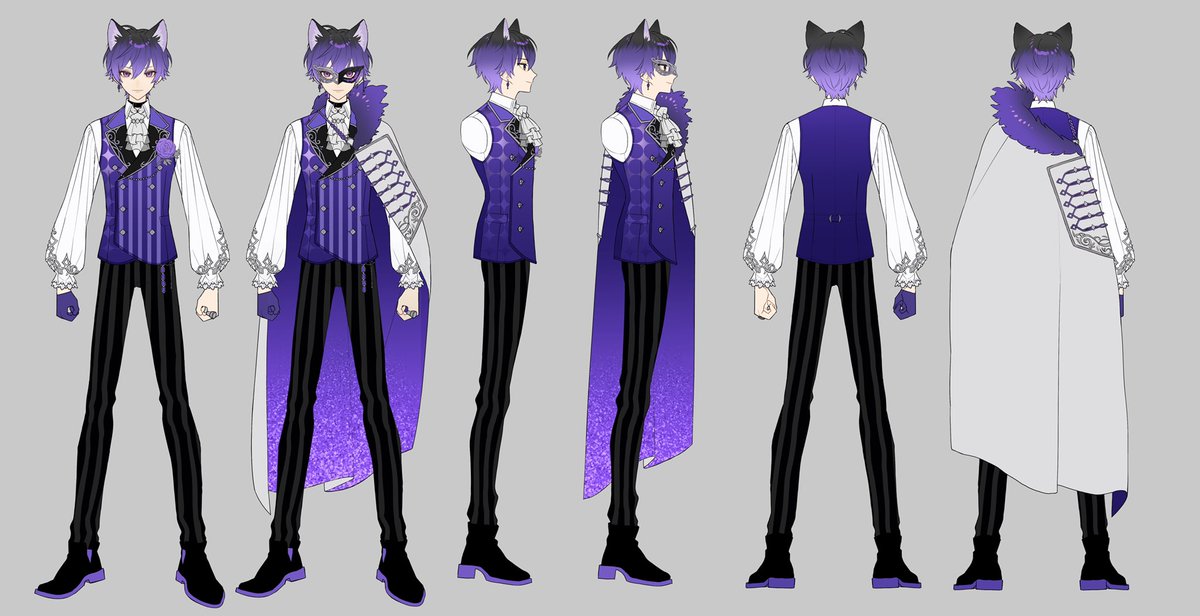 1boy male focus purple eyes animal ears purple hair multiple views reference sheet  illustration images