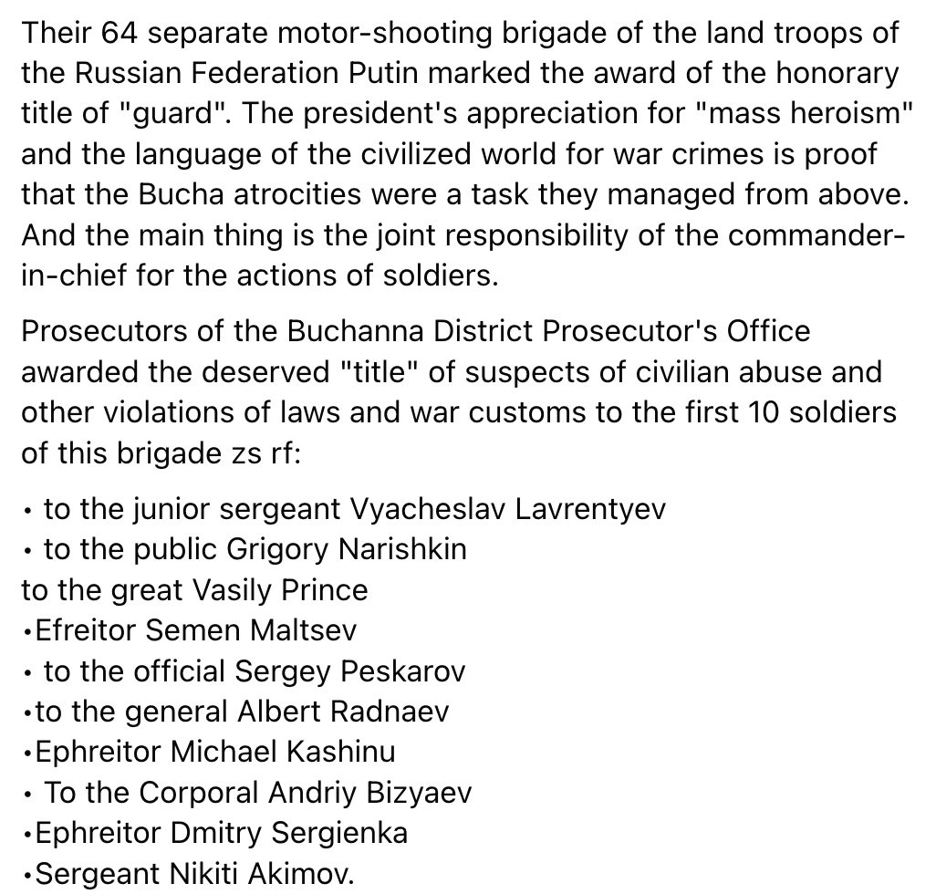 ralexdc's tweet photo. Ukrainian prosecutor names 10 Russian soldiers suspected of Bucha crimes

The soldiers were of various ranks, she said, naming four privates, four corporals and two sergeants. 

They were from the 64th Separate Motor Rifle Brigade...

#JusticeForBucha
#StandWithUkraine️ https://t.co/rbiMFXwTf0