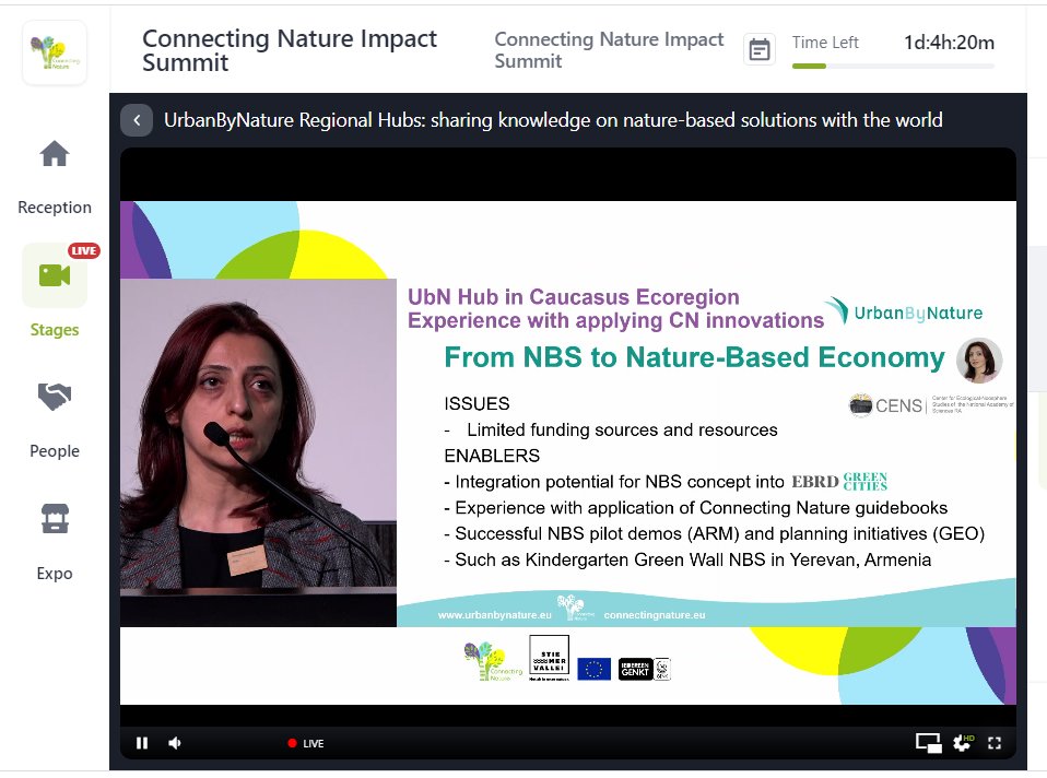 CENS_Ecocenter's tweet photo. 🔴 Now live !
ongoing  #UrbanByNature panel and @ConnectingNBS projects presentations !! 
@SAsmaryan  sharing knowledge on nature-based solutions with the world https://t.co/5g3U1CJvWu