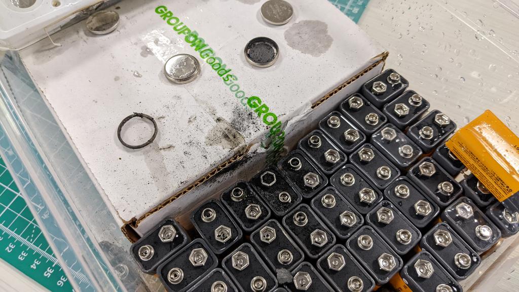 Makerspace PSA. Be careful about how you store batteries. Tossing coin cells on top of exposed 9 volts is a bad idea!