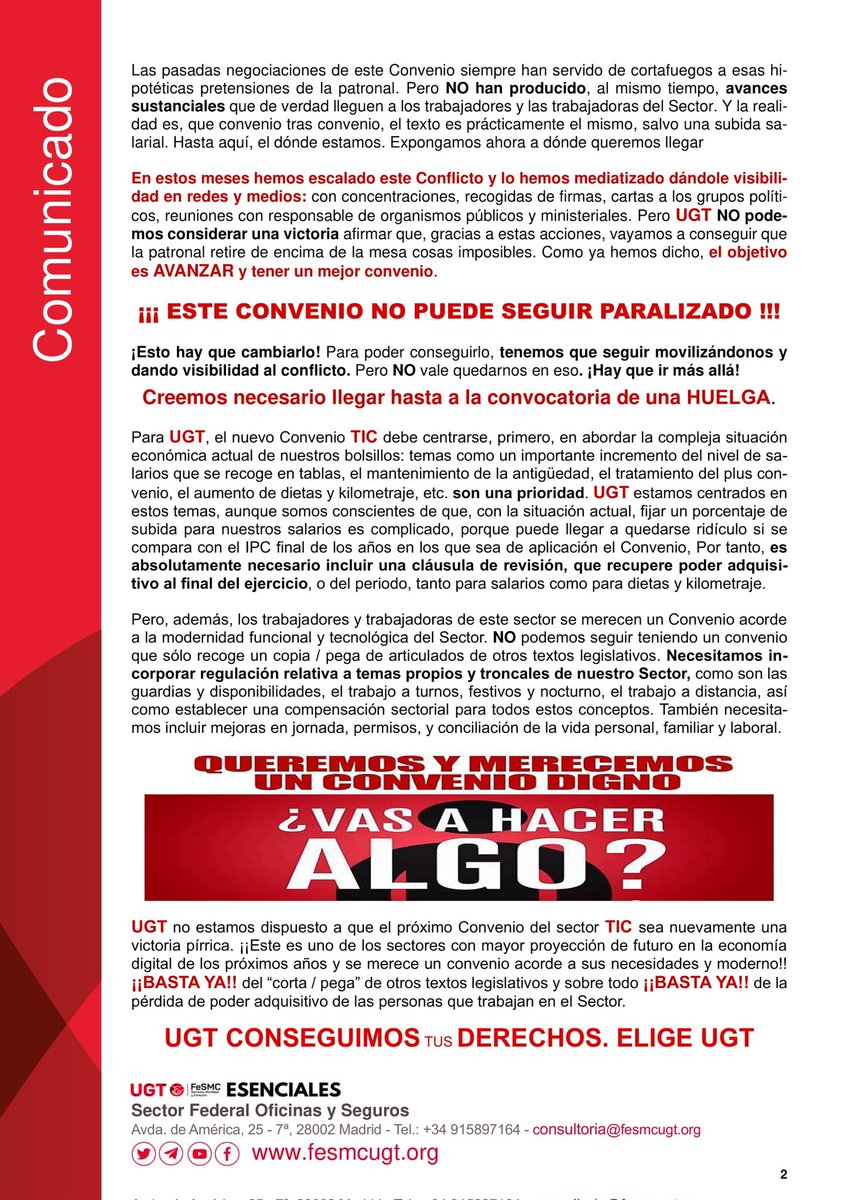 📌UGT INFOTIC N° 22 XVIII

👉La patronal <a href="/aecspain/">aecspain</a> se "levanta" temporalmente de la mesa del Convenio.

👉UGT consideramos esta actitud lamentable, poco responsable y perjudicial para l@s trabajador@s.

👉 UGT exigimos+ derechos para el Sector #TIC #ConvenioTICdigno #NoPrecaryTIC