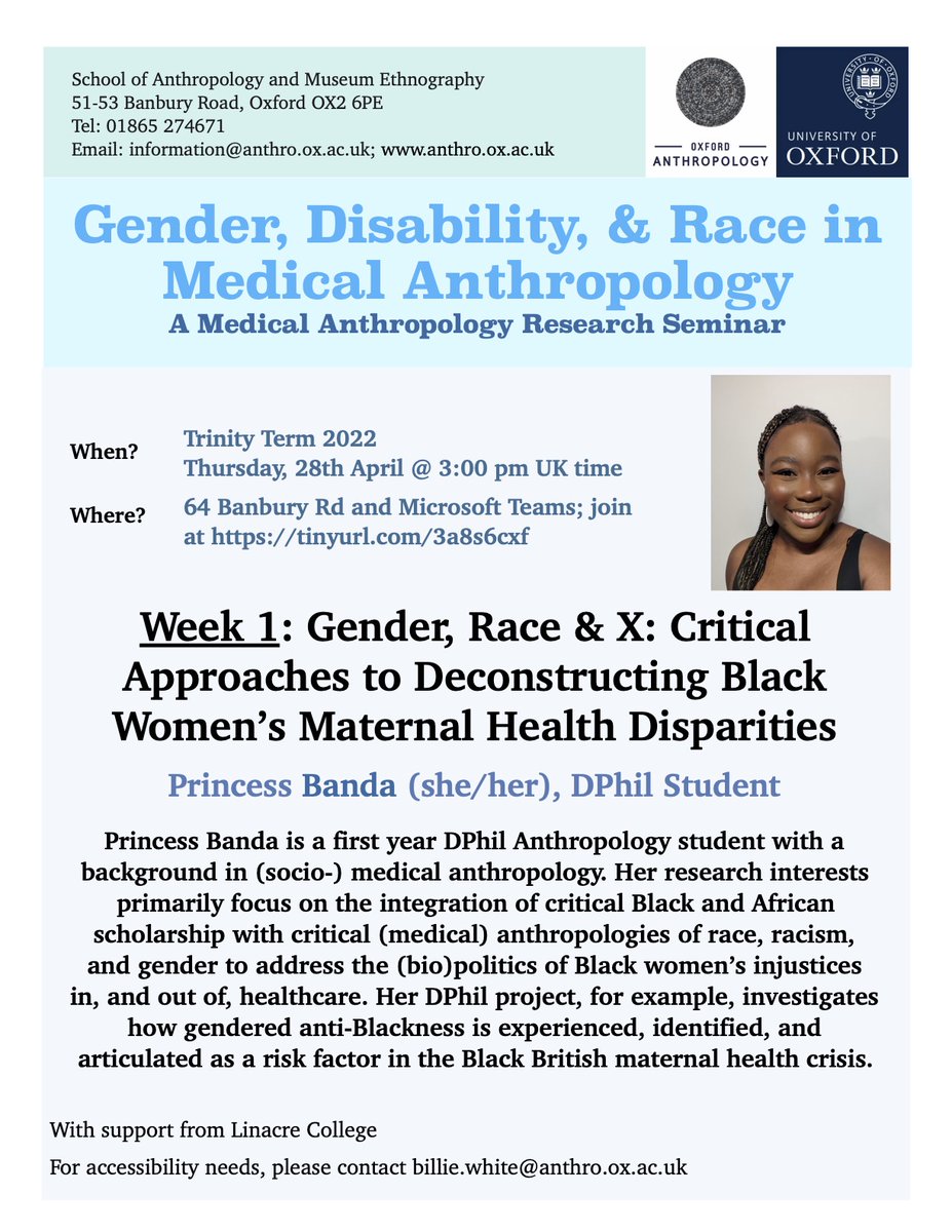 Incredibly excited for <a href="/Namndhela/">PB 🇵🇸🍉✊🏾</a>'s talk today on 'Gender, Race, &amp; X: Critical Approaches to Deconstructing Black Women’s Maternal Health Disparities'. 

Her work is so so important and I can't wait to learn more! Details at @AnthroSeminar on how to join us at 3 PM UK time.