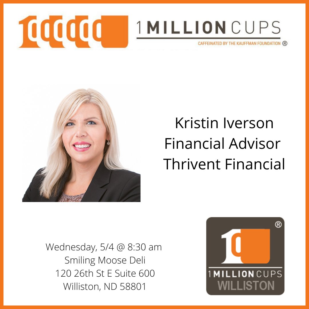 1MillionCupsWST's tweet photo. We are excited to have Kristin Iverson, Financial Advisor at Thrivent Financial and Amanda Glass at Rock-A-Bye Bakken Day Care present at 1 Million Cups Williston! 

This meeting will be at Smiling Moose Rocky Mountain Deli @ 8:30am on May 4th and Facebook live on our page. https://t.co/LvhExb44jb