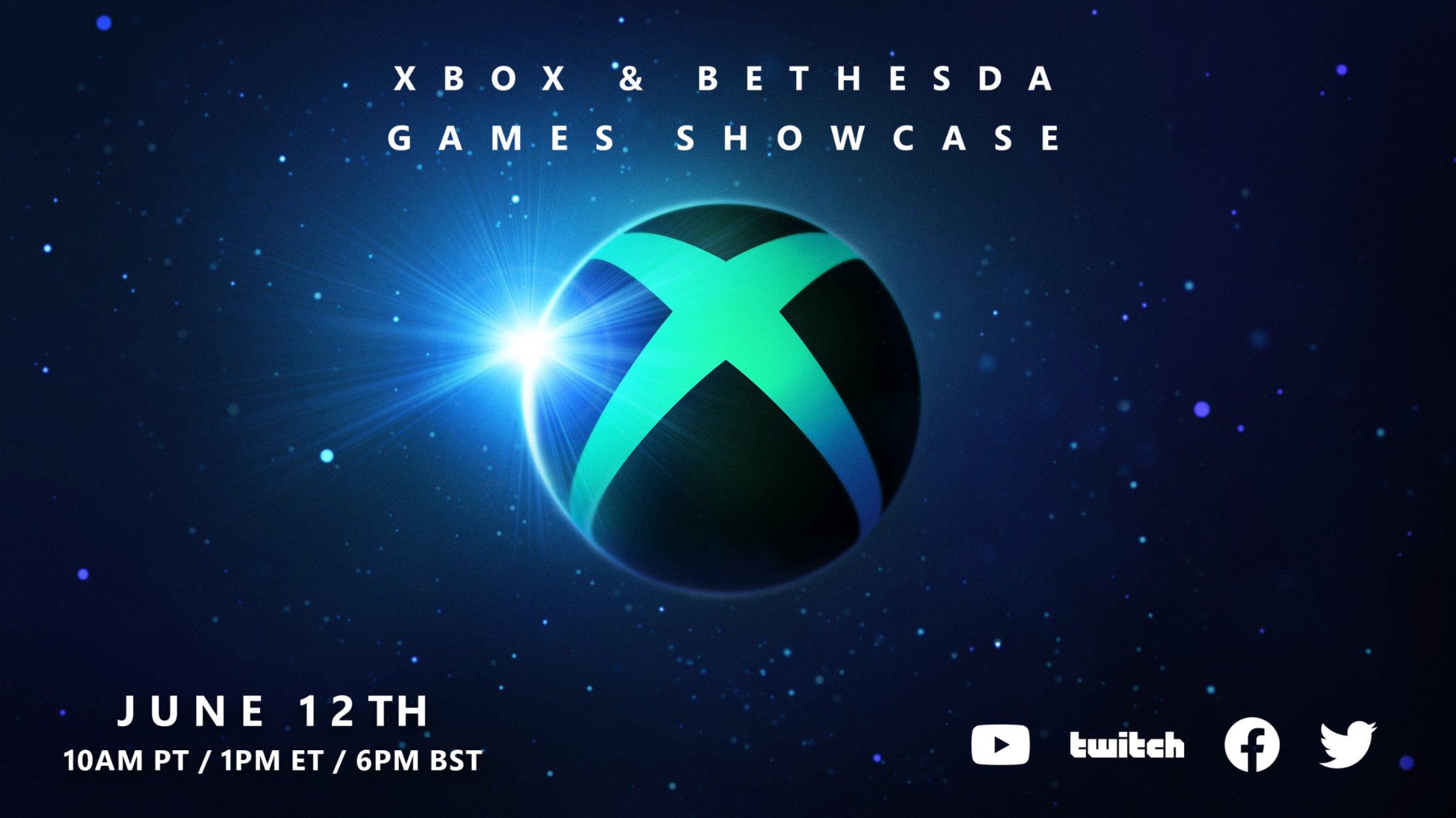 Artwork with the text "Xbox & Bethesda Games Showcase" displayed above the Xbox logo. The bottom of the image includes icons for social channels including YouTube, Twitch, Facebook, and Twitter.