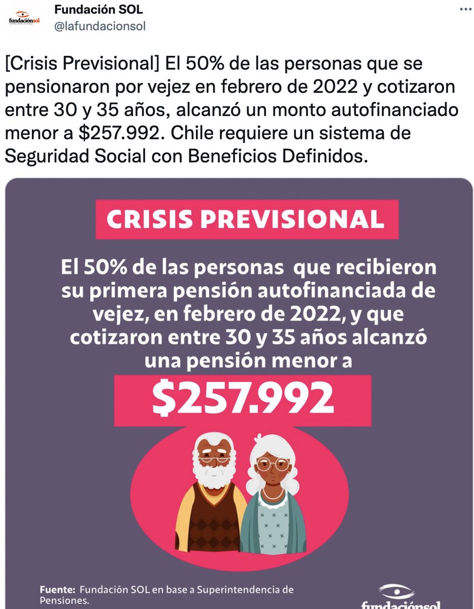 PerspectivasObs's tweet photo. 1/9 
La Fundación Sol sostiene q las pensiones autofinanciada en Chile son bajas dado q el 50% de los jubilados q cotizaron entre 30 y 35 años, en feb 2022 recibieron una pensión menor a $257.992 y sostiene q debemos cambiarnos a un sistema de Beneficios Definidos
(Sigue 👇👇) https://t.co/QYq3tgGz7V
