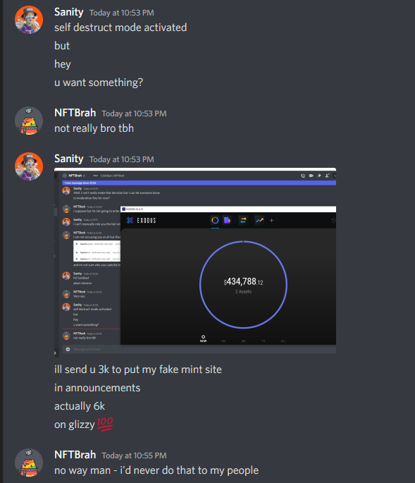 NFTBraah's tweet image. Be careful everyone...

This is a conversation with a scammer who reached out to me for a "potential job" in the Web3 space.

I'm certain that using this method he has ruined many  lives - and this is a PSA so you do not turn out to be next.

Retweet to share and save a friend.