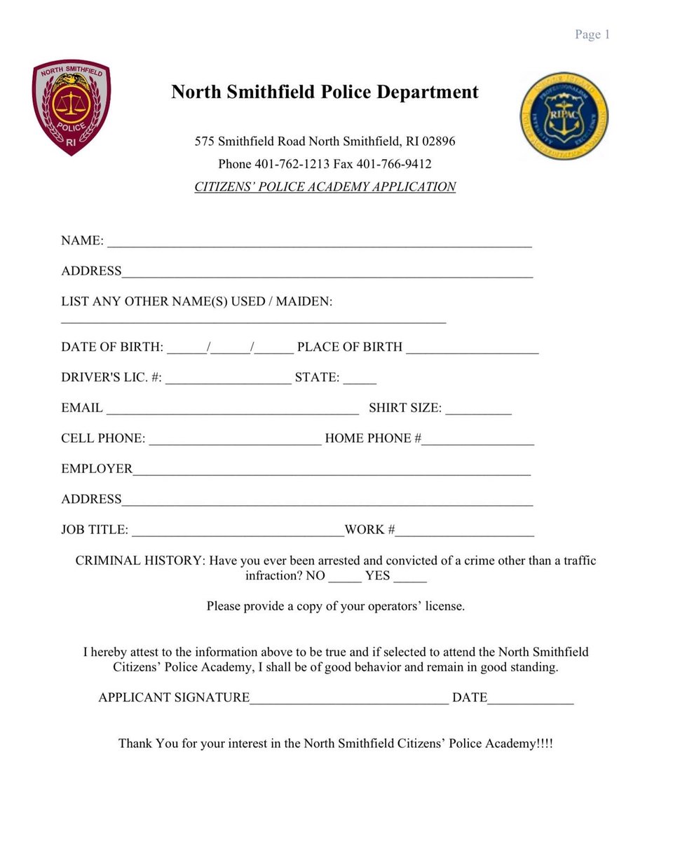 🚨👇🏻 CITIZENS POLICE ACADEMY 👇🏻🚨

Join now and experience what our officers go through day to day! We can’t wait to bring back this program and educate our residents on our jobs! 

Applications are available at our station for pick up!