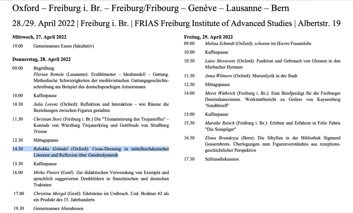 HLaehnemann's tweet photo. OFFG @FRIAS_UFreiburg in full swing - fascinating papers from German medievalist grad students @MedGermOx Freiburg, Fribourg &amp; Geneva, just now @r_grndl on crossdressing &amp; intersectionality in 'Willehalm' &amp;c https://t.co/RE6w6AgVCZ #medievaltwitter https://t.co/MBTUF4IufX
