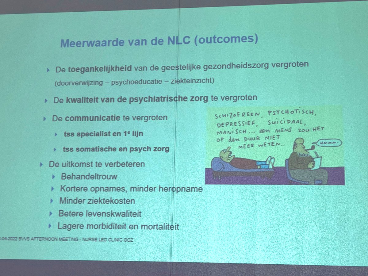 #nurseledclinic in de #GGZ <a href="/bvvs_abipa/">BVVS</a> afternoon meeting. #verpleegkundigspecialist <a href="/HanneVandeWiele/">Hanne Vande Wiele</a> <a href="/uzgent/">UZ Gent</a> neemt ons mee in het verhaal van het liaisonteam psychiatrie en het ambulant #verpleegkundigconsult ⬆️ kennis verpleegkundigen ⬆️ toegankelijke zorg