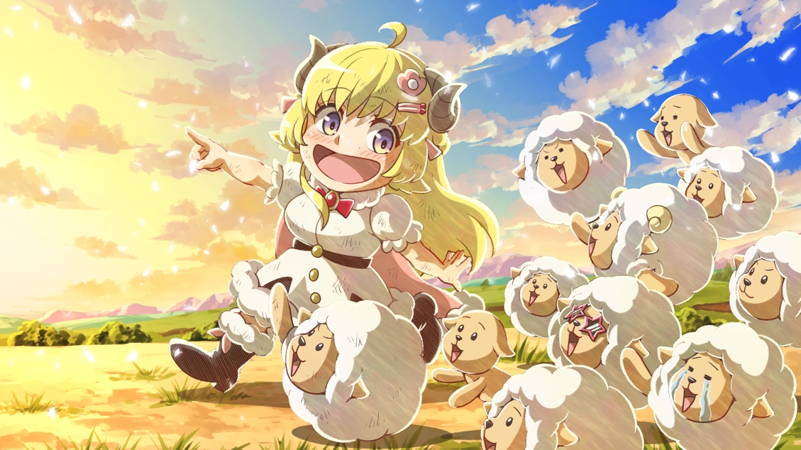 tsunomaki watame horns 1girl sheep horns sheep girl blonde hair sheep pointing  illustration images