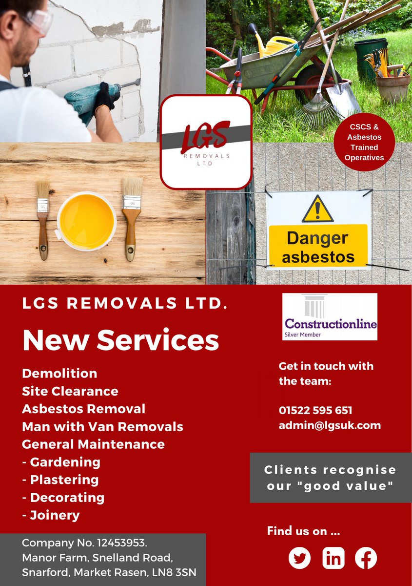 New Services on Offer from LGS Removals.

We have CSCS trained workers who can help with non-floor related tasks too! These include plastering, joinery, decorating and gardening.

Call 01522 595651 for more info.

#Lincolnshire #services #decorating