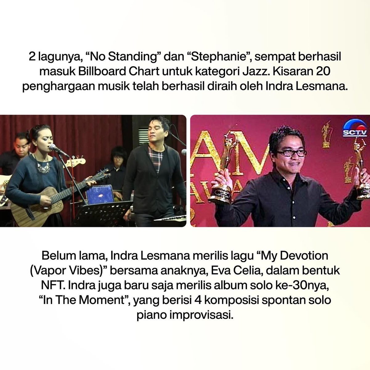 netramusic's tweet photo. Selain memiliki segudang prestasi @indralesmana juga menjadi musisi pertama di dunia yang merilis album NFT royalty-sharing untuk album ke-30nya “In the Moment”
Cari tahu lebih tentang NFT @indralesmana dengan klik link
https://t.co/vCk34PN15j
#JoinTheRevolutions
#NFT https://t.co/a1SPxCBt51