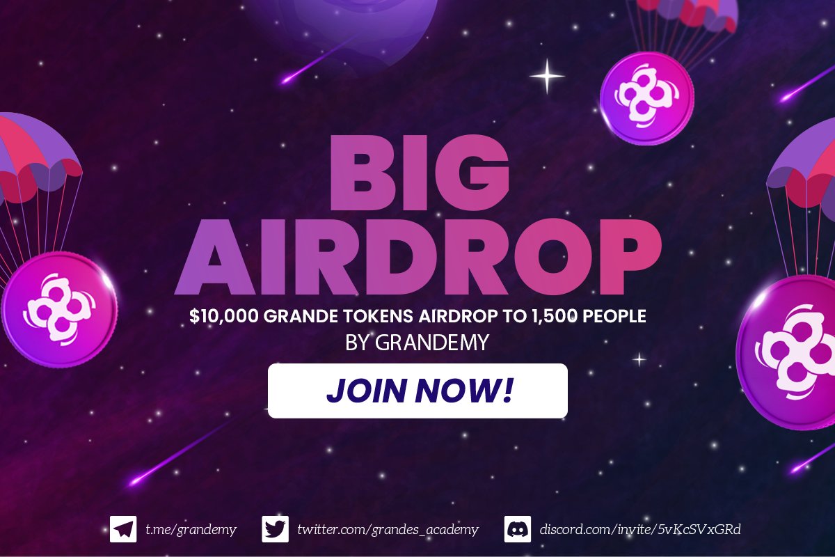 🔥Airdrop: $10,000 worth of GRANDE Tokens to 1,500 people 🙌

🏆 Task:  $5 worth of GRANDE for 1500 random participants each.

👨‍👩‍👧 Referral: $50 worth of GRANDE for top 50 referrers each.

🔛 Join with Airdrop bot: t.me/GrandemyAirdro… 🔛
#GRANDE #IDO #Airdrop #BSC