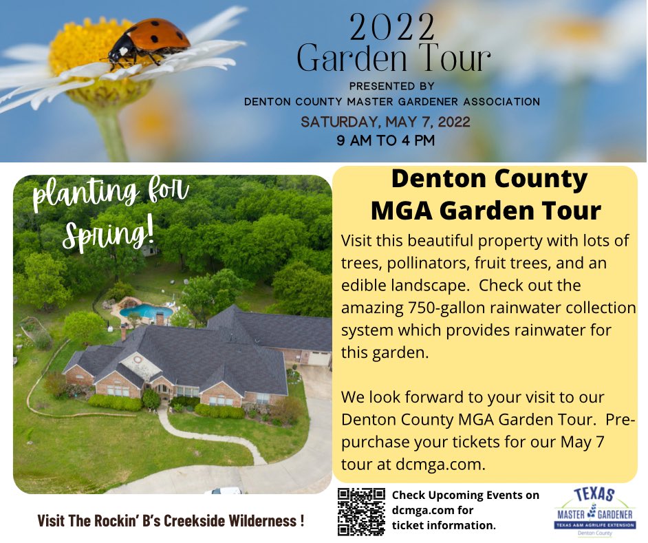 DentonCountyMGA's tweet image. Visit the Rockin’ B’s Creekside Wilderness on the Denton County MGA Garden Tour on May 7. Prepurchase your tickets at dcmga.com.

#northtexasgardening
#rainwatercollection
#northtexasgardener
#dentoncountytexas
#ntx
#texaspollinators
#growyourtexasvegetables