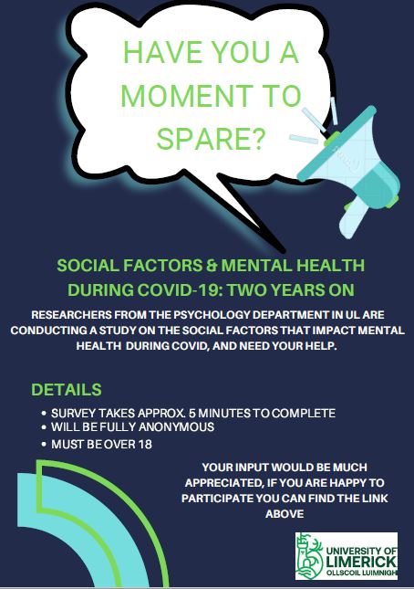 We are recruiting pts (over 18 years of age) for an online survey on social factors that impact #mentalhealth  in the context of #COVID19 , two years on. 
If you have 5 mins to spare, please consider participating: unioflimerick.eu.qualtrics.com/jfe/form/SV_3L… 

Please RT