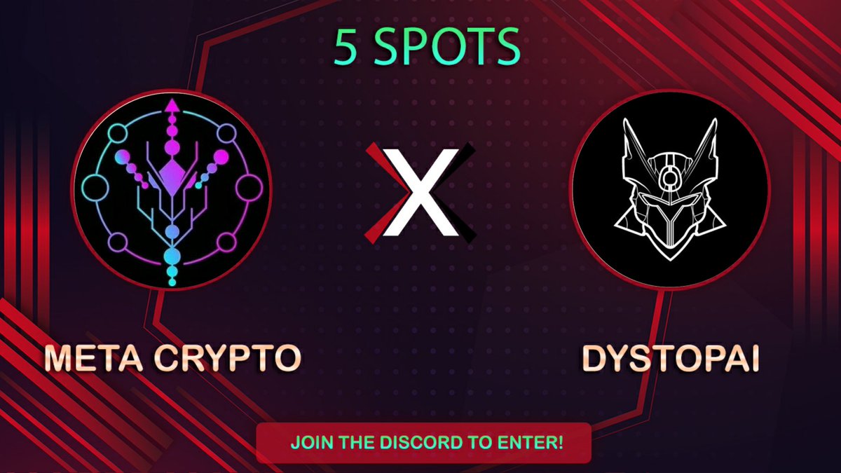 ✨ DystopAI  x META CRYPYO  ✨

We’re pleased to #giveaway
5 x dystopAI WL

To enter:
1️⃣ Must Follow <a href="/dystopAI_NFT/">DystopAI | AI, 3D, AR NFTs 🦾 💜</a>
&amp; <a href="/MetaKMI/">META CRYPTO</a> &amp; <a href="/Sohrab5954/">Sohrab 🟧 🍊,💊</a>
2️⃣ Like + RT + Tag 3 frens

Ends in 24h