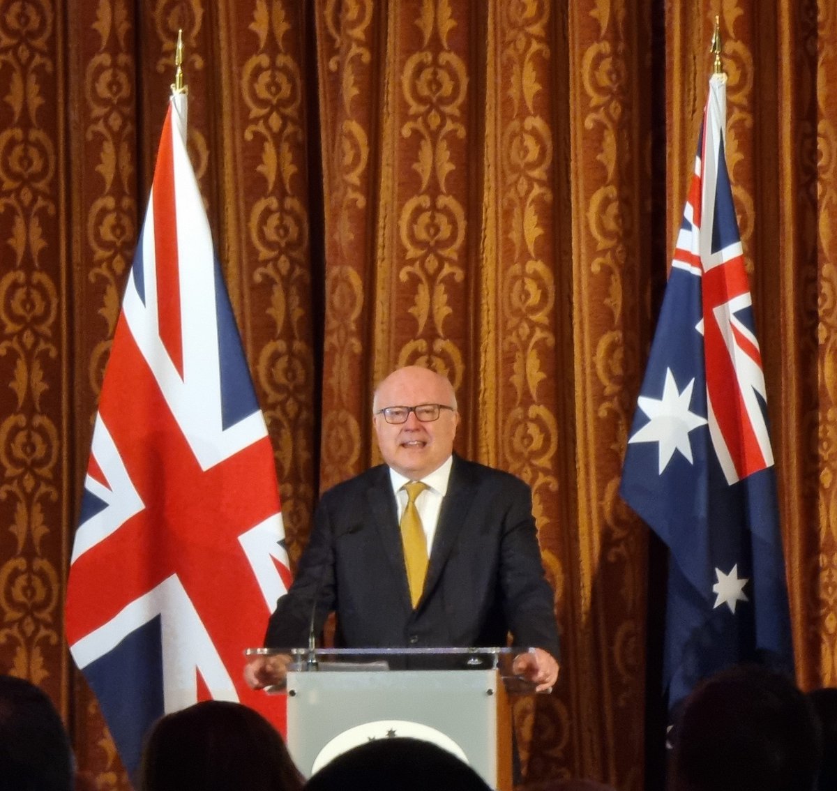 JackPiggott's tweet photo. A touching goodbye from The Hon George Brandis QC, who is finishing his term as @AusHCUK. A monumental term as Australian High Commissioner to the UK with #AUKUS, a trade deal, the vaccine swap and invasion of Ukraine. 🇬🇧 and 🇦🇺 have never been closer. https://t.co/25jI8OCIfa