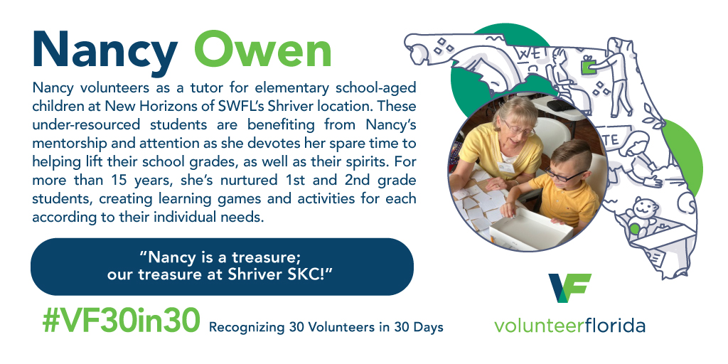 VolunteerFla's tweet image. Nancy is making an impact on the youngsters with @NewHorizonsSWFL. What a legacy. #VF30in30 #makeadifference