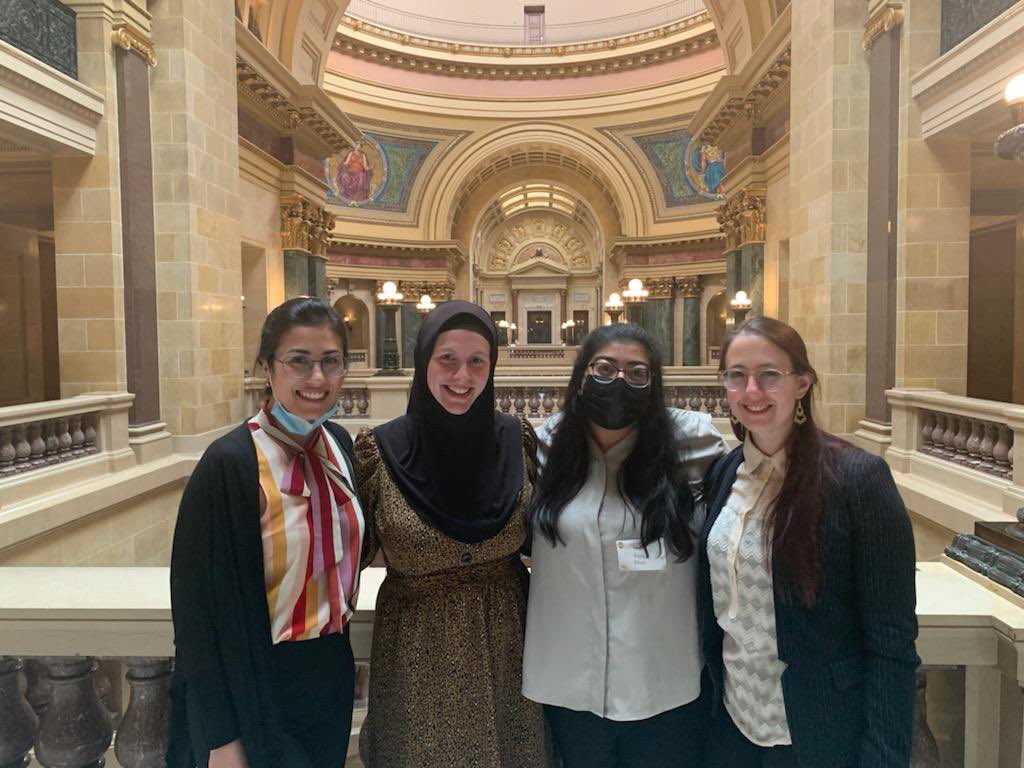 PopHealthSciUW's tweet image. Congratulations to the PHS students who presented their research at UW-Madison Day at the Capitol yesterday! Pictured from left to right: Epi PhD students @lgiurini and @ablaberdieva, MPH student Baila Khan, and Pop Health masters student Natalie Levine