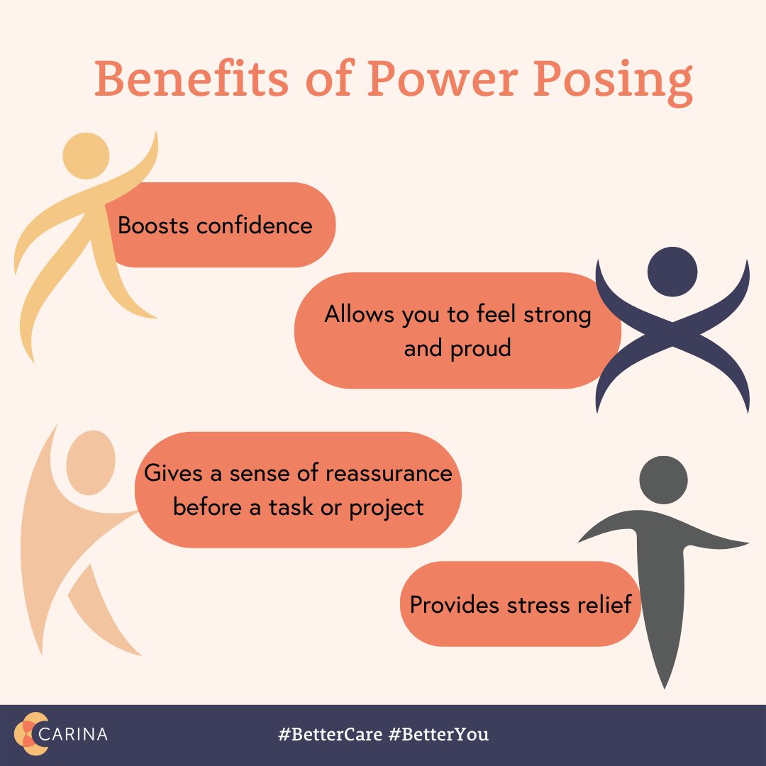 carinacarematch's tweet photo. What is the #SuperheroPose? It is a power pose that makes you feel more comfortable and proud. An example would be standing with your feet apart, hands on your hips and chin up. Expansive and open posturing is way to provide self-care. Here are some benefits of #PowerPosing! https://t.co/skbBslt6BE
