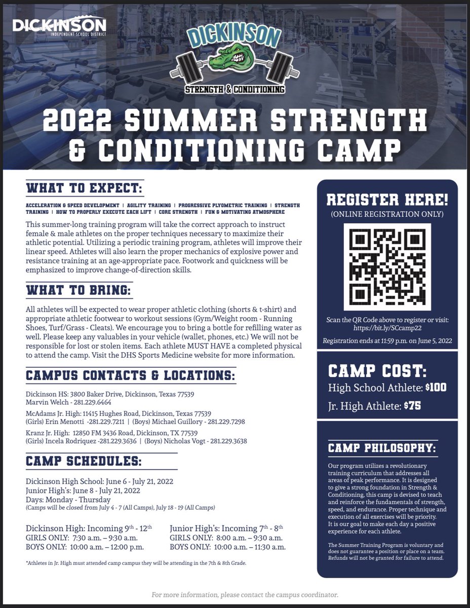 GATOR_STRENGTH's tweet photo. 2022 Dickinson ISD Summer Strength & Conditioning Camp! Register Now: https://t.co/jGjsd1G3YL https://t.co/DeMPhjX4Cv