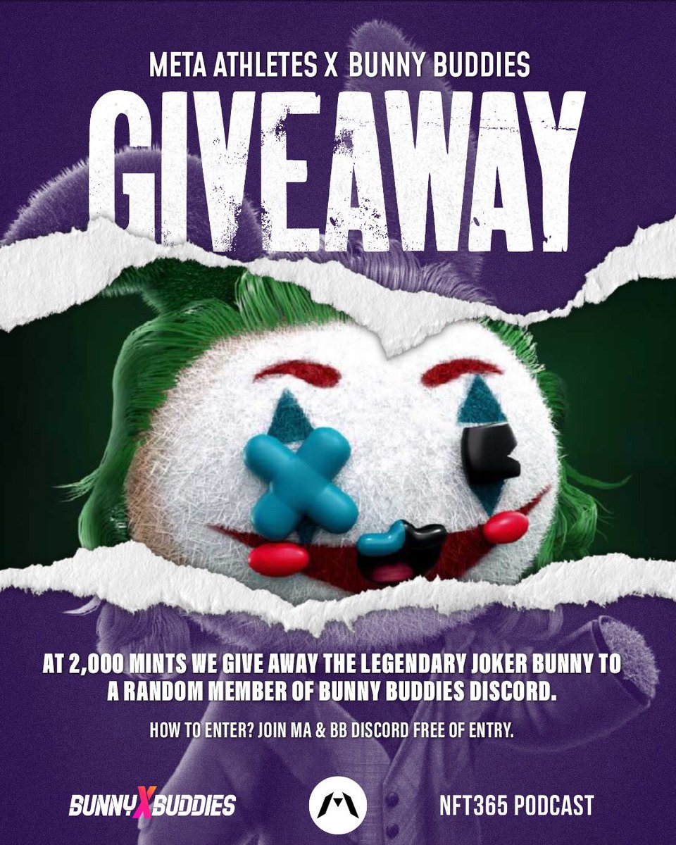 🚨🐰LEGENDARY #NFTGiveaway!!! ($17k+ Value)

GIVING AWAY THE 1/1 JOKER BUNNY NFT 
🚀 ACQUIRED FOR 6 ETH🃏 
 
To qualify:

FOLLOW: 
<a href="/MetaAthletes/">Meta Athletes</a> 
 &amp; <a href="/thebunnybuddies/">Bunny Buddies</a>  🐰 

♥️Like and Retweet 
🤝Tag friends for extra credit

+ JOIN DISCORD TO ENTER: (discord.com/invite/metaath…)